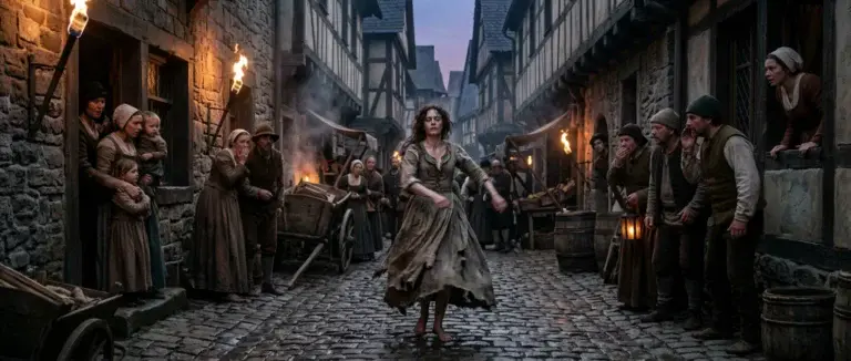 A narrow cobblestone street in a 16th-century German city at dusk, a lone woman mid-motion in a worn dress dancing with a blank, exhausted expression while startled townspeople in