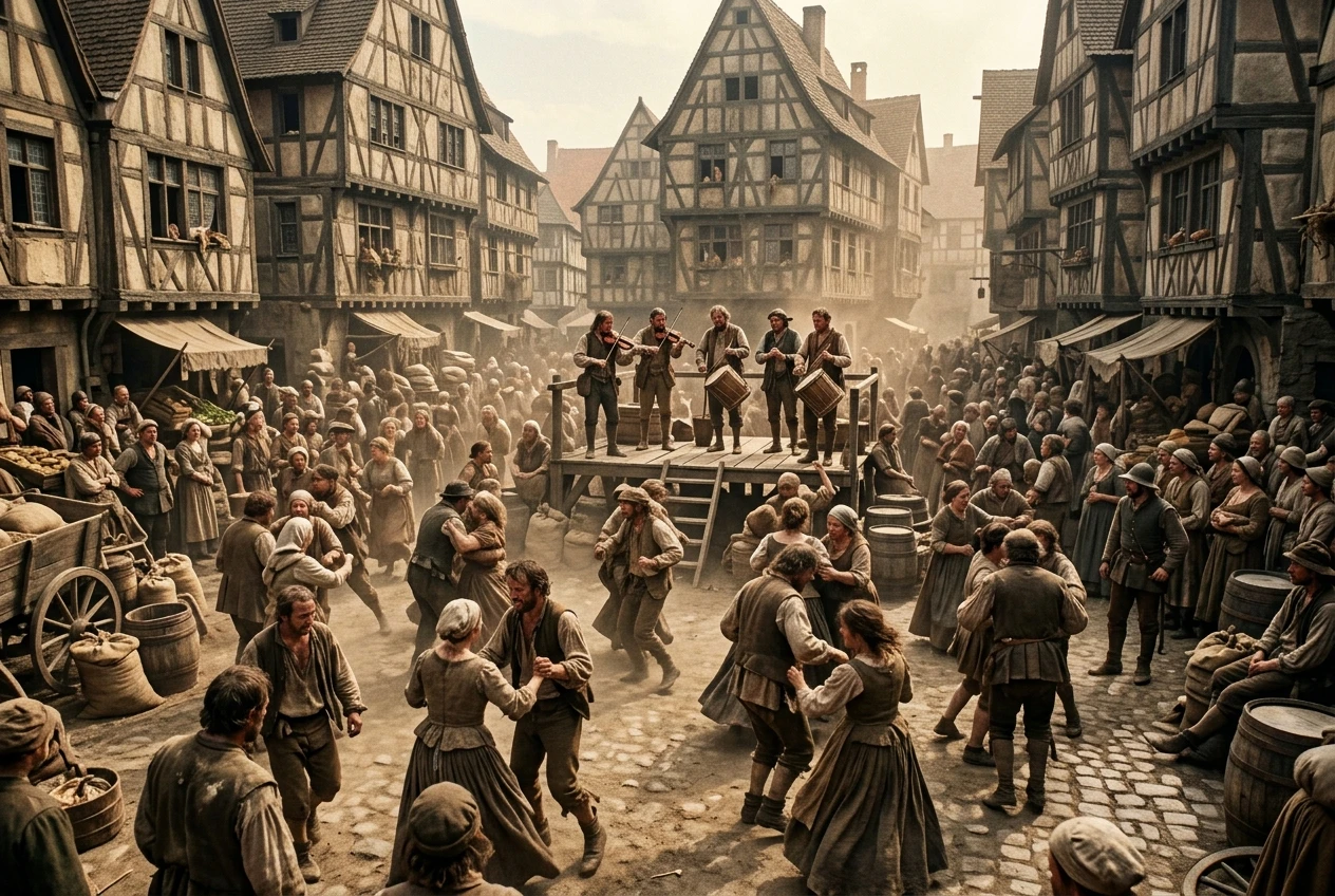 A crowded open-air grain market in old Strasbourg converted into a makeshift dance ground, musicians with fiddles and drums on a wooden platform, dozens of ragged, sweat-soaked townspeople dancing in a dusty square ringed by timber-framed buildings under a hazy summer sky.