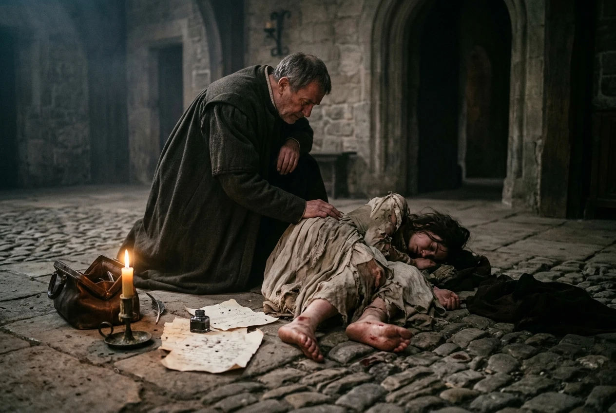 A somber 16th-century physician in dark robes kneeling beside an exhausted dancer collapsed on cobblestones, her bare bleeding feet visible, candlelight and ink-stained parchment notes scattered nearby in a dim stone room.