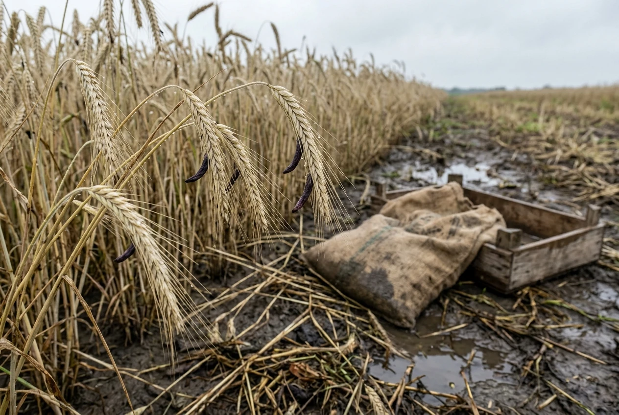 Close-up of damp rye grain stalks in a muddy field under grey clouds, dark purplish-black ergot fungus growths visible among the pale grain heads, a wooden grain sack lying nearby.