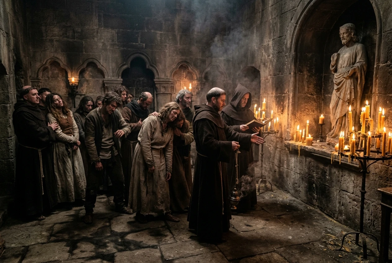 The dim stone interior of a small medieval shrine, a carved statue of Saint Vitus lit by rows of flickering candles, a line of weary dancers being led in by robed priests performing rites, shadows stretching across the worn floor.